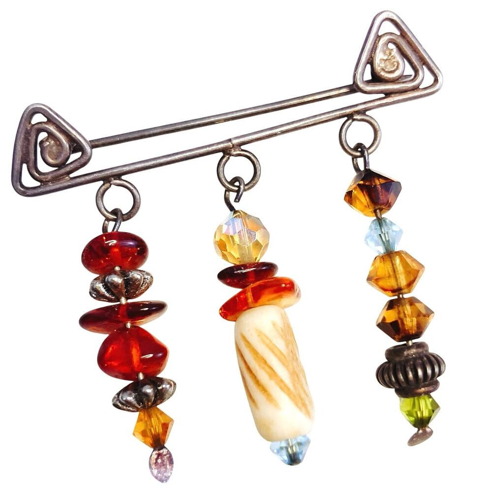 VTG Artisan Silver Amber Beaded Studio Brooch Pin Y2K Eclectic Jewelry